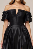 A Line Satin Off the Shoulder Long Black Tie Dress with Slit