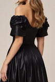 A Line Satin Off the Shoulder Long Black Tie Dress with Slit