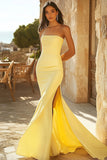 Yellow Satin Mermaid Square Neck Long Prom Dress with Slit