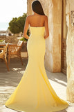 Yellow Satin Mermaid Square Neck Long Prom Dress with Slit