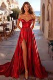 Red Satin A Line Off the Shoulder Pleated Long Prom Dress with Slit