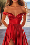 Red Satin A Line Off the Shoulder Pleated Long Prom Dress with Slit