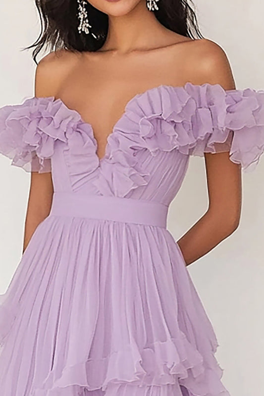 Lilac Chiffon A Line Long Off the Shoulder Prom Dress with Ruffles
