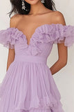 Lilac Chiffon A Line Long Off the Shoulder Prom Dress with Ruffles