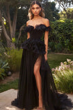 Chiffon A Line Off the Shoulder Long Black Tie Dress with Ruffles