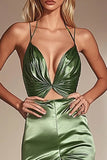 Dusty Sage Mermaid Satin V-Neck Long Prom Dress with Slit