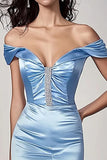 Sky Blue Satin Off the Shoulder Long Mermaid Prom Dress with Slit