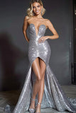 Sparkly Silver Sequins Mermaid Strapless High Low Prom Dress