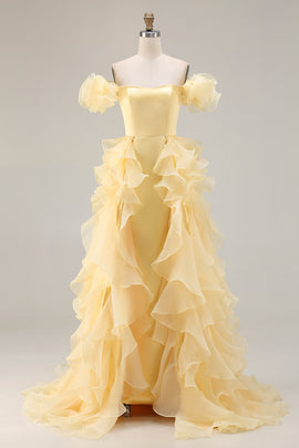 Yellow Mermaid Off the Shoulder Long Prom Dress with Ruffles