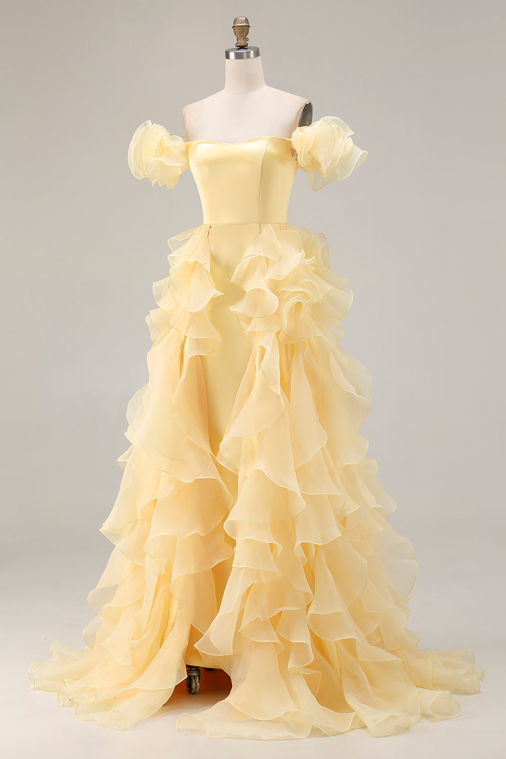Yellow Mermaid Off the Shoulder Long Prom Dress with Ruffles