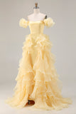 Yellow Mermaid Off the Shoulder Long Prom Dress with Ruffles