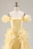 Yellow Mermaid Off the Shoulder Long Prom Dress with Ruffles