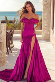 Fuchsia Mermaid Satin Ruched Long Sweetheart Prom Dress with Slit