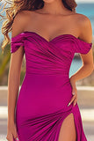 Fuchsia Mermaid Satin Ruched Long Sweetheart Prom Dress with Slit