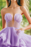 Lilac Tulle Ball Gown Strapless Long Prom Dress with Ruffles