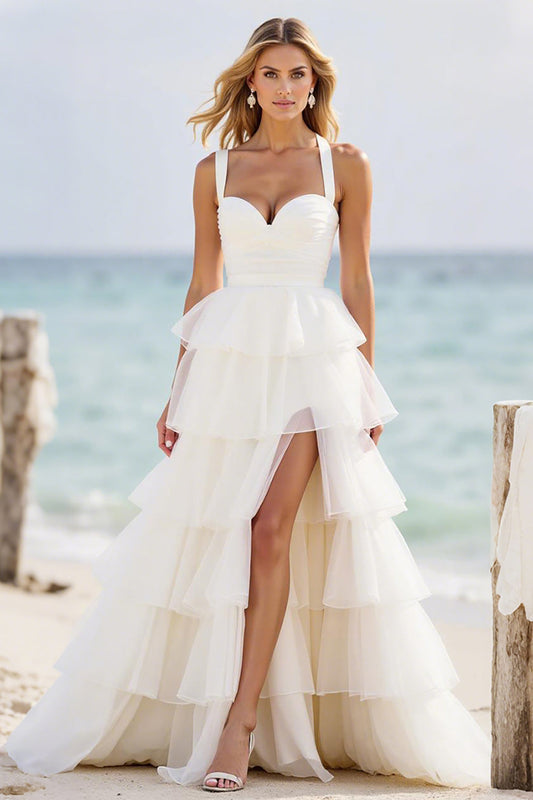 White A Line Tiered Organza Prom Dress with Slit