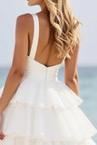 White A Line Tiered Organza Prom Dress with Slit
