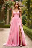 Pink A Line Chiffon Spaghetti Straps Long Prom Dress with Slit