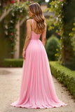 Pink A Line Chiffon Spaghetti Straps Long Prom Dress with Slit