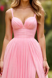 Pink A Line Chiffon Spaghetti Straps Long Prom Dress with Slit