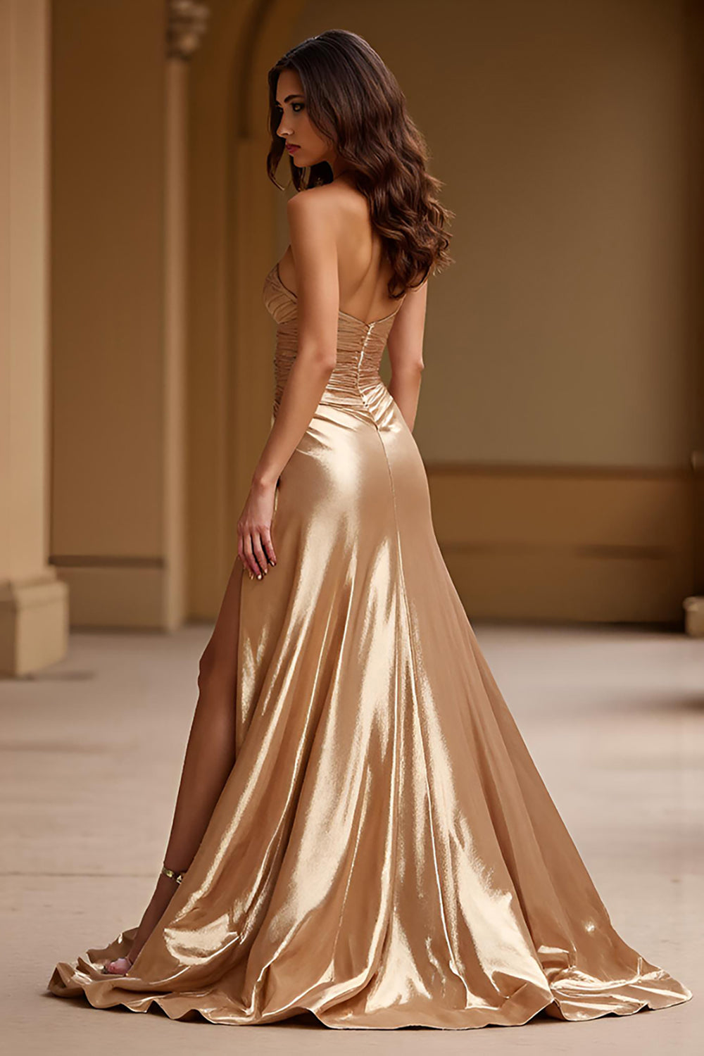 Metallic Gold A Line Strapless Long Prom Dress with Slit