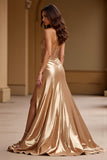 Metallic Gold A Line Strapless Long Prom Dress with Slit