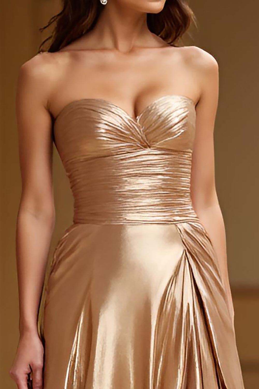 Metallic Gold A Line Strapless Long Prom Dress with Slit