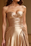 Metallic Gold A Line Strapless Long Prom Dress with Slit