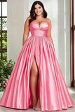 Pink A Line Pleated Strapless Plus Size Prom Dress with Slit