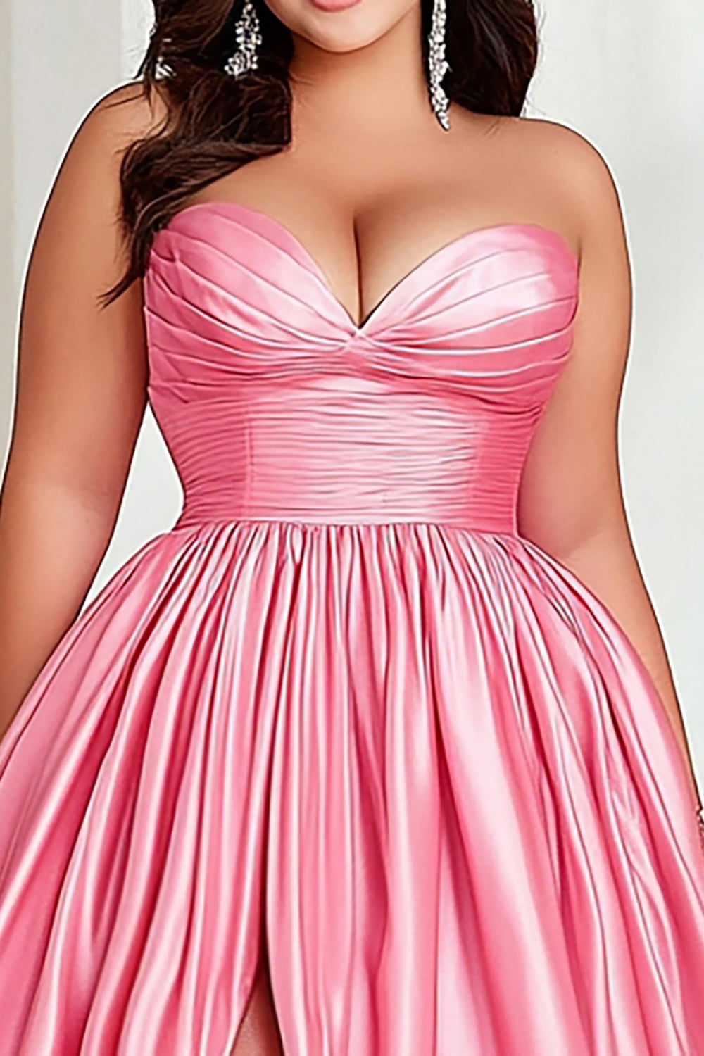 Pink A Line Pleated Strapless Plus Size Prom Dress with Slit