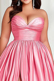 Pink A Line Pleated Strapless Plus Size Prom Dress with Slit