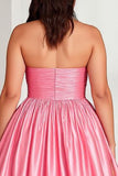 Pink A Line Pleated Strapless Plus Size Prom Dress with Slit