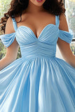 Sky Blue Cold Shoulder Satin A Line Long Plus Size Prom Dress