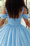 Sky Blue Cold Shoulder Satin A Line Long Plus Size Prom Dress