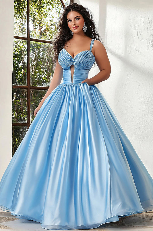 Sky Blue A Line Keyhole Spaghetti Straps Long Plus Size Prom Dress