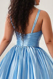 Sky Blue A Line Keyhole Spaghetti Straps Long Plus Size Prom Dress