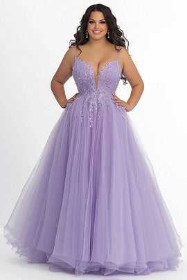 Lilac A Line Spaghetti Straps Long Prom Dress with Appliques