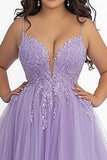 Lilac A Line Spaghetti Straps Long Prom Dress with Appliques