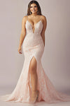 Pink Lace Spaghetti Straps Long Mermaid Prom Dress with Slit