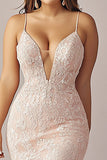 Pink Lace Spaghetti Straps Long Mermaid Prom Dress with Slit