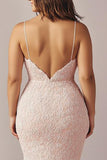 Pink Lace Spaghetti Straps Long Mermaid Prom Dress with Slit
