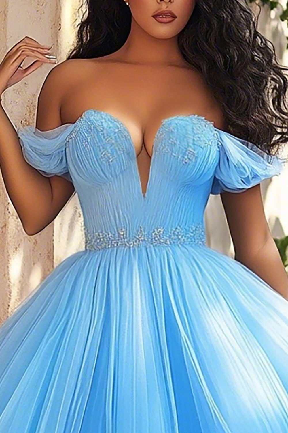 Sky Blue Off the Shoulder Long Ball Gown Plus Size Prom Dress