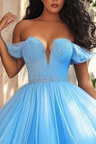 Sky Blue Off the Shoulder Long Ball Gown Plus Size Prom Dress