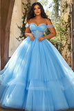 Sky Blue Ball Gown Off the Shoulder Long Plus Size Prom Dress