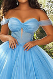 Sky Blue Ball Gown Off the Shoulder Long Plus Size Prom Dress