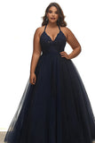 Navy A Line Plus Size Halter Neck Long Prom Dress with Appliques