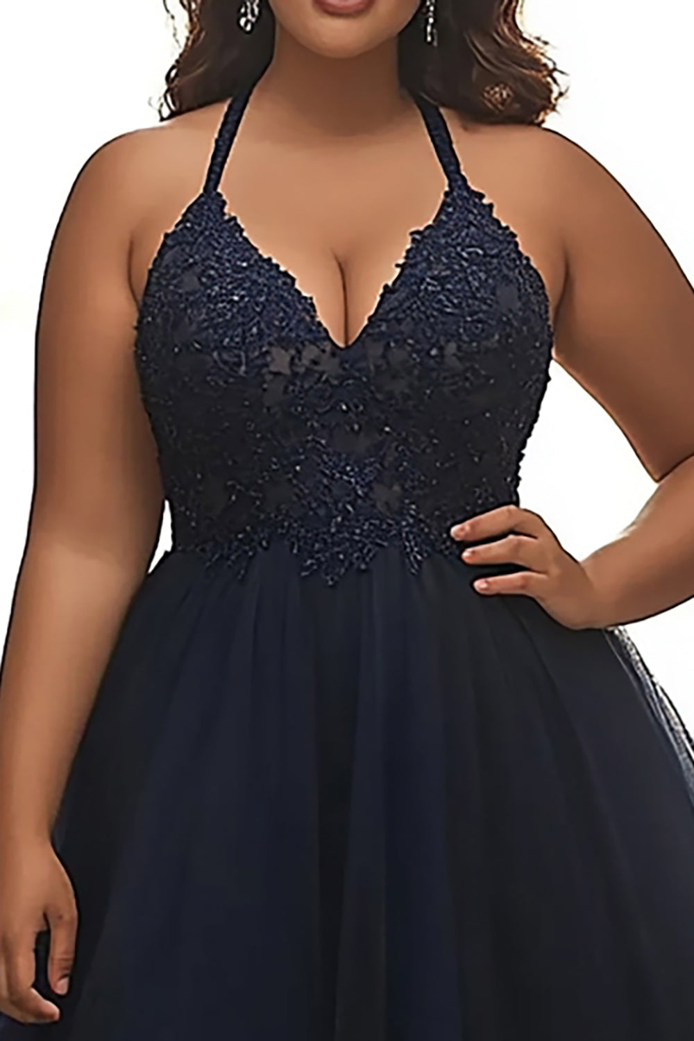 Navy A Line Plus Size Halter Neck Long Prom Dress with Appliques