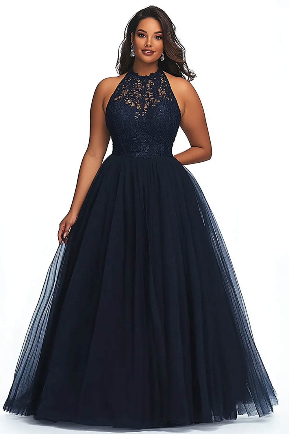A Line Navy Illusion Neck Plus Size Long Prom Dress with Appliques