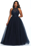 A Line Navy Illusion Neck Plus Size Long Prom Dress with Appliques