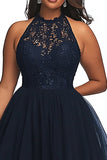 A Line Navy Illusion Neck Plus Size Long Prom Dress with Appliques